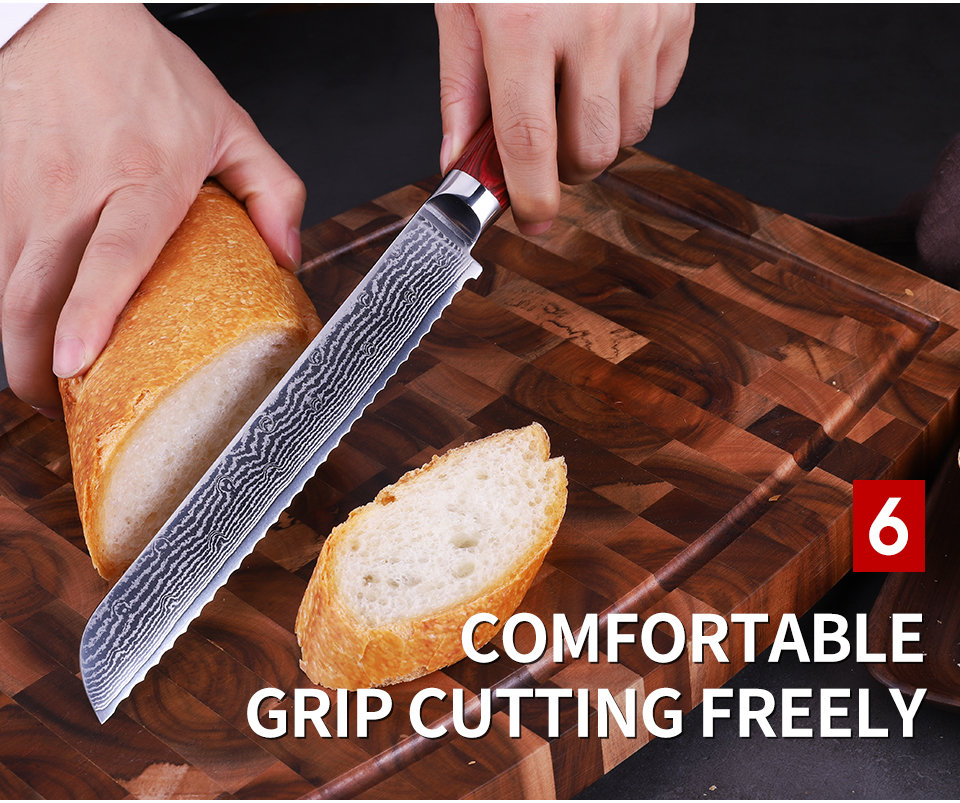 FINDKING Red color wood handle bread knife in 67 layers damascus steel bread knife