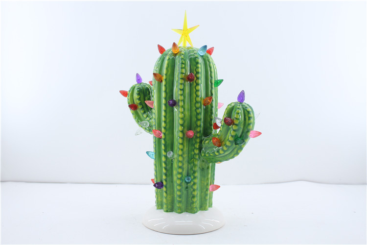 Hot sale LED Christmas decoration statue ceramic cactus ornament handmade mold gifts & crafts for sculptures home decoration