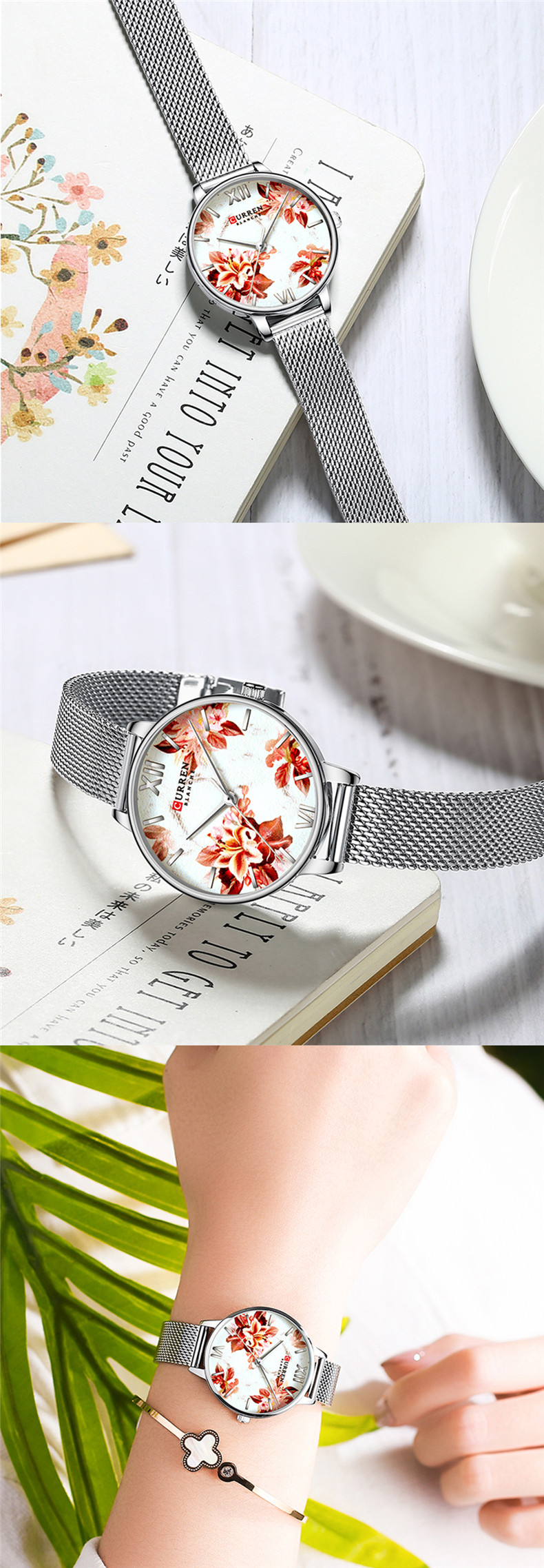 CURREN – montre-Bracelet en acier inoxydable pour femme, fleur, horloge à Quartz, décontracté, nouvelle collection 9060