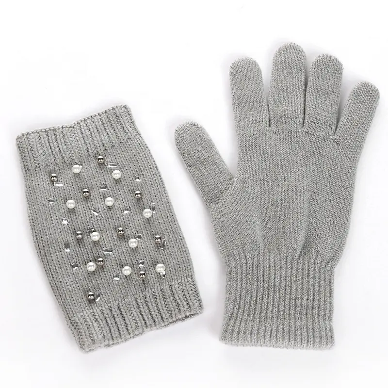 Beaded Half-Finger Gloves Detachable Thermal Knit Women's Gloves
