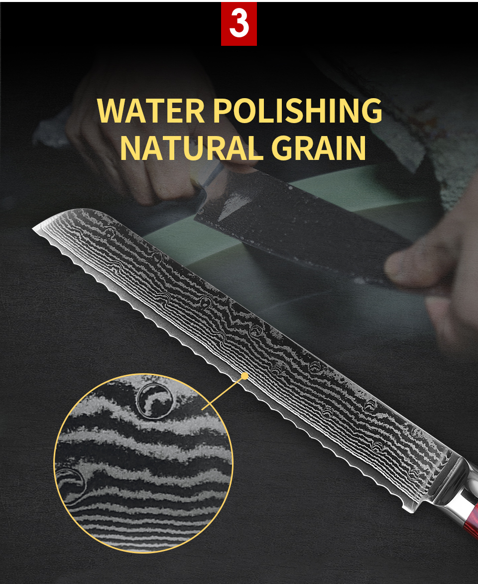FINDKING Red color wood handle bread knife in 67 layers damascus steel bread knife