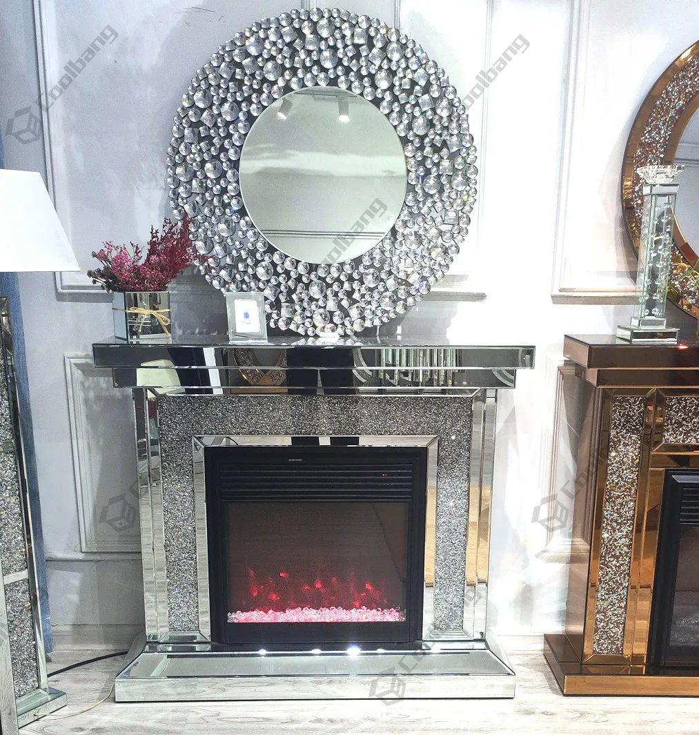 Crushed Diamond Furniture Living Room LED Electric Mirrored Fireplace