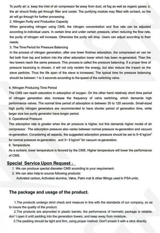 psa peneira molecular de nitrogénio carbono CMS 180 200 220 240 260 Para sistema de purificação de biogás 7