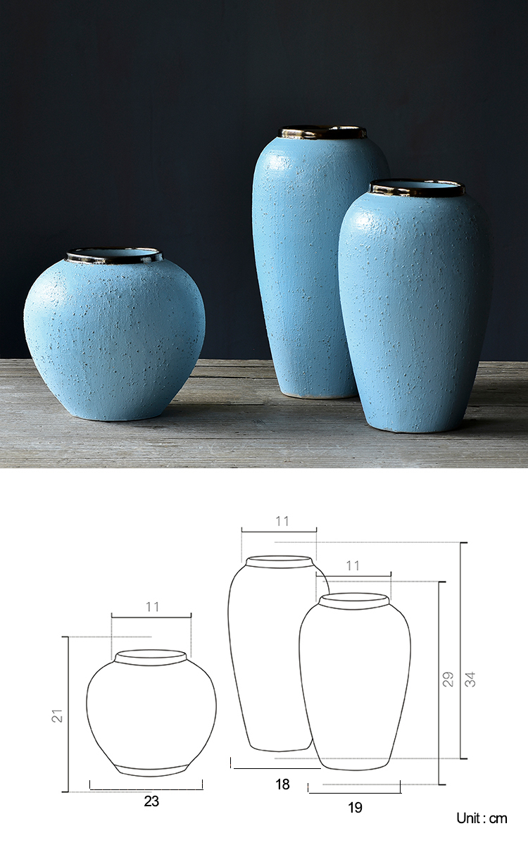Bixuan Vases Blue Bubbles Retro Distressed Ceramic Jar Vase Unique Golden Decor Art Porcelain Vases Table Centerpieces Set of 3