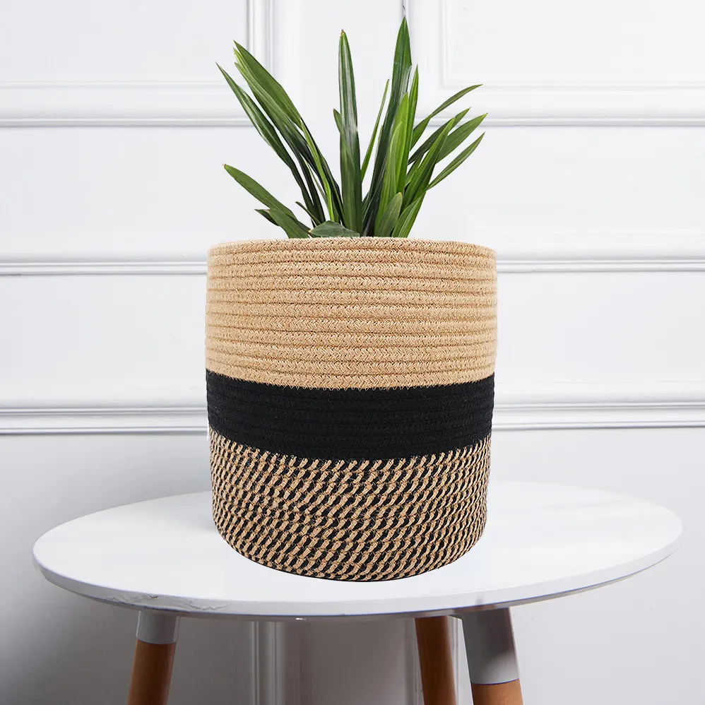 Small size handmade storage basket woven cotton rope plant basket for home decor with handles