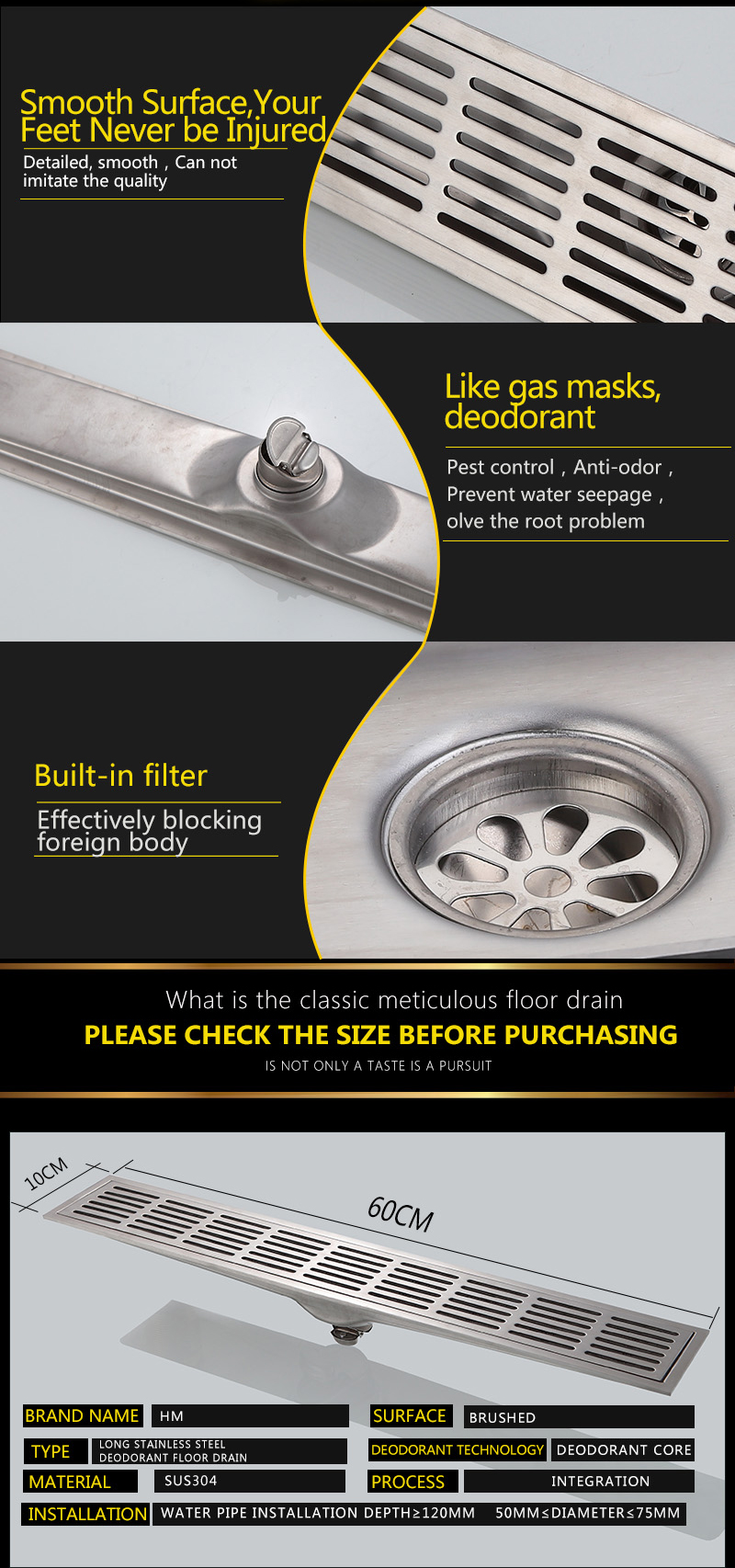 OEM ODM stainless steel bathroom balcony drainage automatic airtight floor drain line shower rectangular shower drains