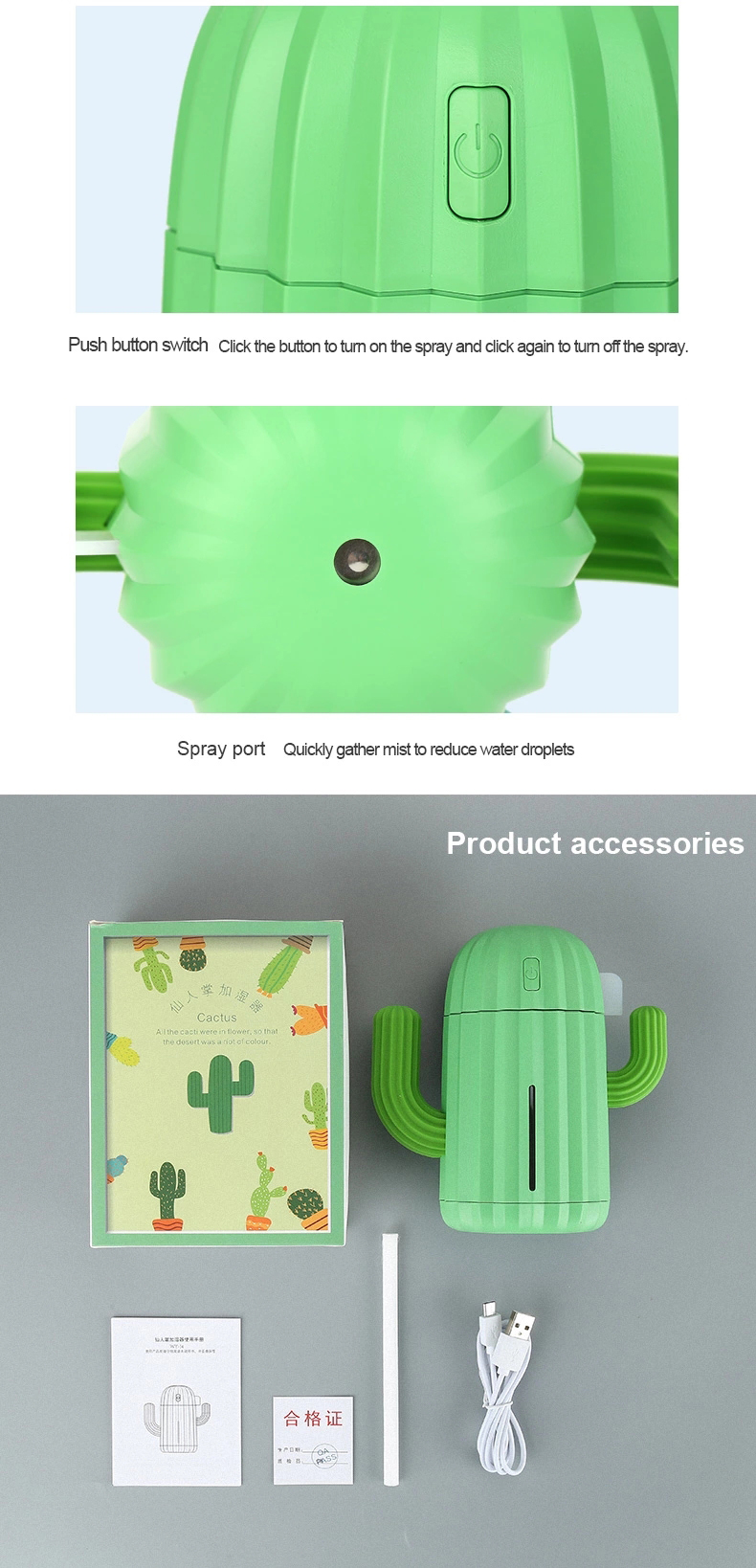 WYWD Hot Sale Item Mini Cactus Air Humidifier 340ml Portable Ultrasonic Humidifier With Night Light