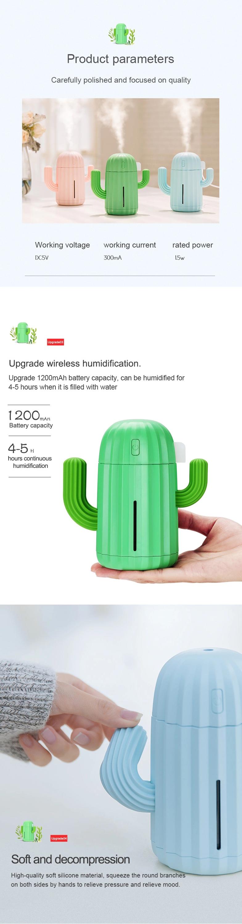 WYWD Hot Sale Item Mini Cactus Air Humidifier 340ml Portable Ultrasonic Humidifier With Night Light