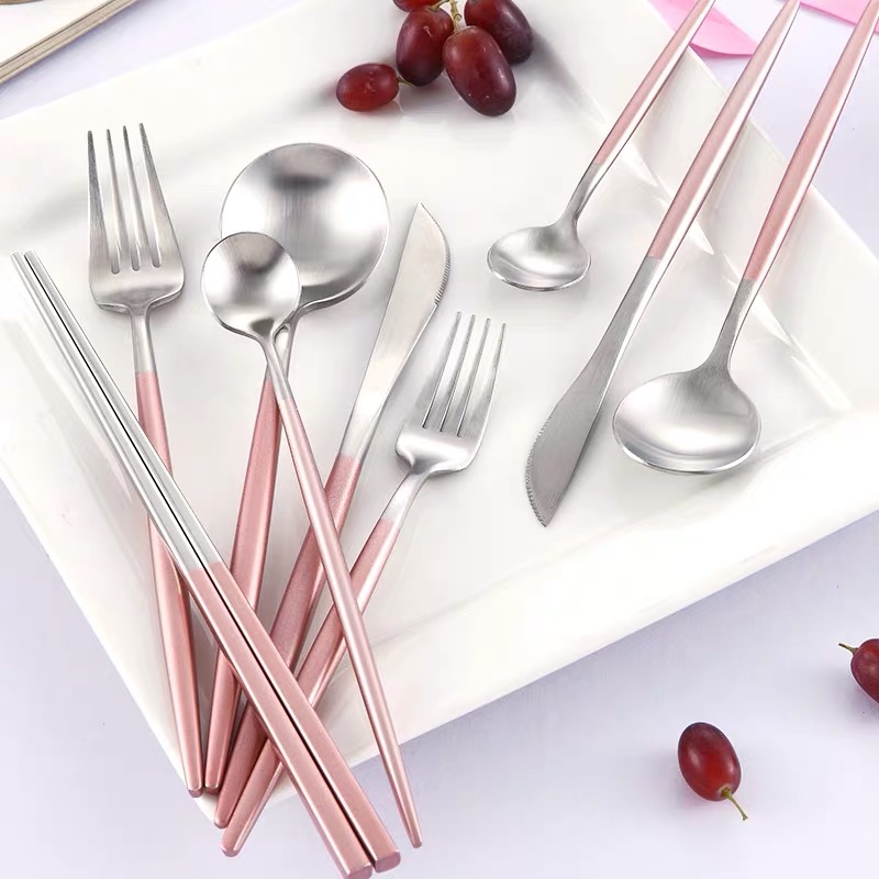 Round handle pink silver ware Matte Flatware set Hotel Restaurant Party Hot Selling Amazon