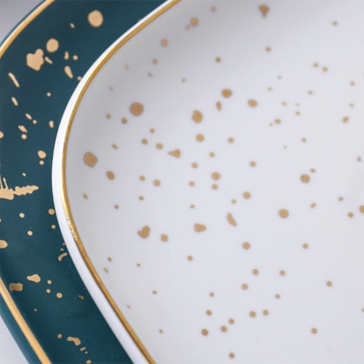 Matte glaze green white square round appetizer pasta plate restaurant wedding ceramics dinner plates with gold embellish