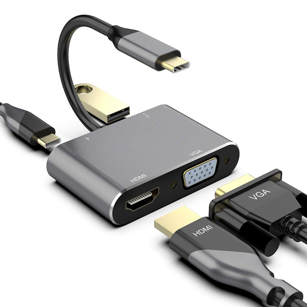 Adaptador Tipo C 4 em 1 Combo Hub com HD MI/VGA USB 3.0 Type-c Hub com USB 3.0 Carregamento Power PD