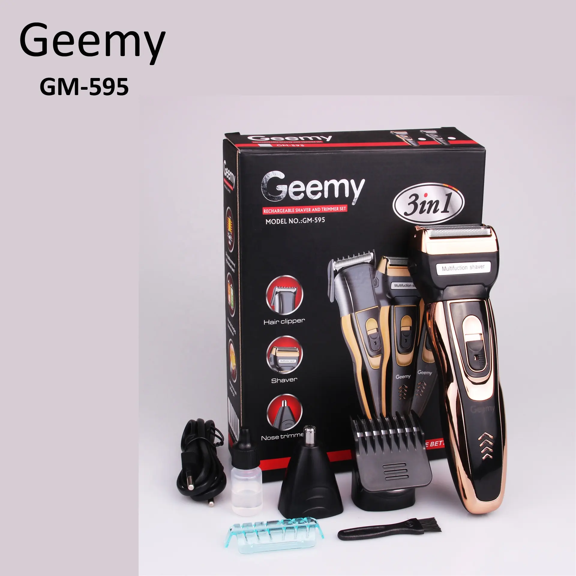 Good Quality Geemy GM595 Rechargeable Men Grooming Kit Top Wireless 3 In 1 Hair Trimmer