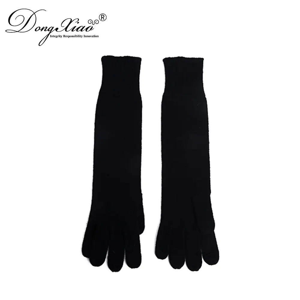 long style women super soft 100% cashmere black winter knitted gloves
