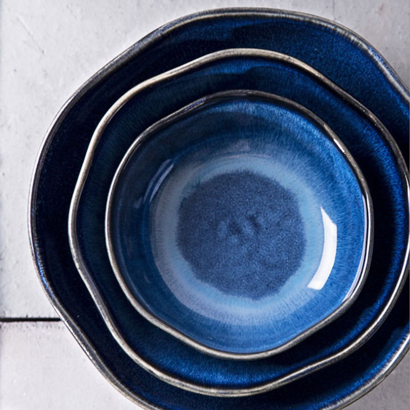 Nordic Style Tableware Round Glaze Blue Colored Ceramic Noodle Soup Bowl