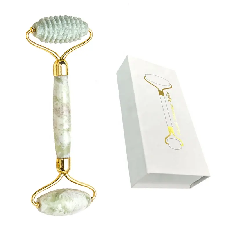 Natural Jade Facial Massage Jade Roller and Box Set Double Head Massager Roller with Spiky Head