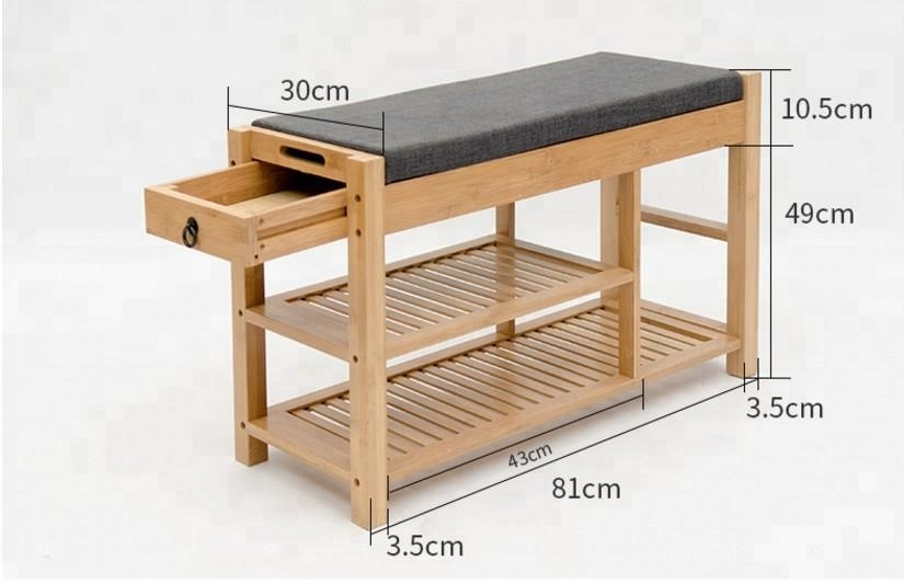2 layers shoe rack with seat cushion and drawer, bamboo shoe stool for entrance