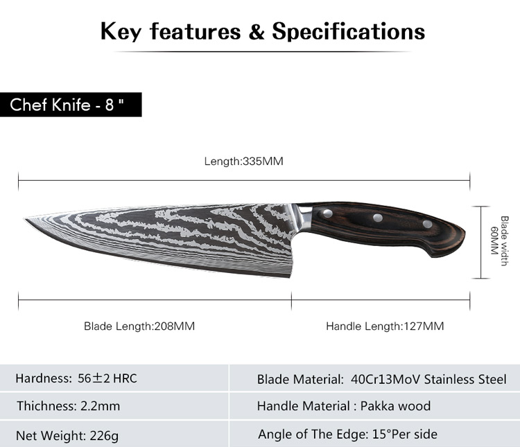8 Inch Stainless Steel Chef Knife With Pakkawood Handle