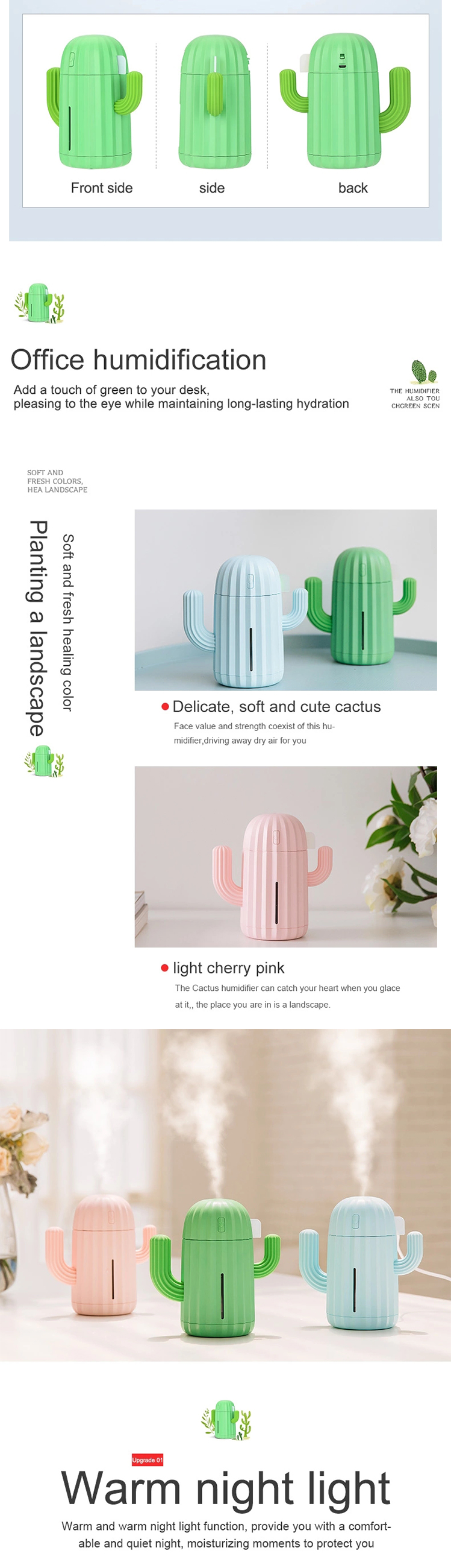 WYWD Hot Sale Item Mini Cactus Air Humidifier 340ml Portable Ultrasonic Humidifier With Night Light