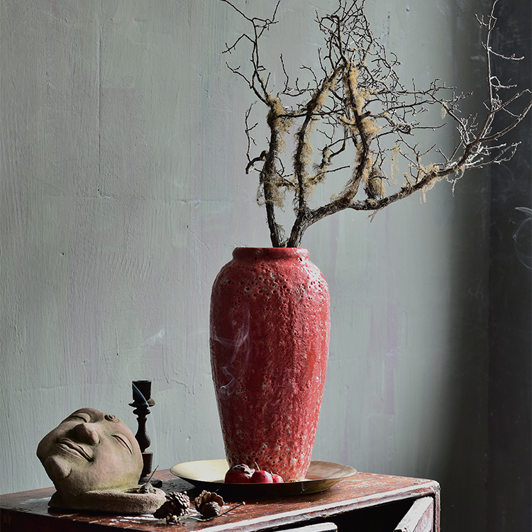 Bixuan Vases Red Retro Distressed Ceramic Jar Vase Unique Bubbles Decor Art Porcelain Vases Table Centerpieces Set of 3