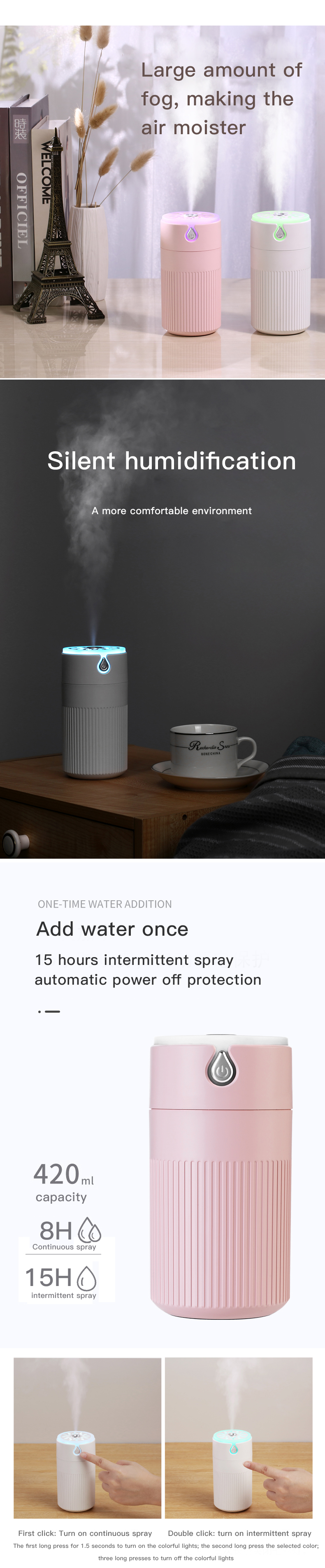 Ultrasonic USB Car Air Humidifier and mini aromatic large humidifier with 420ml
