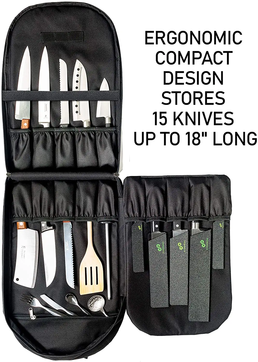 Hef Knife Bag 19 Slots Holds 15 Knives PLUS 4 Zipper Compartments For Cooking Tools