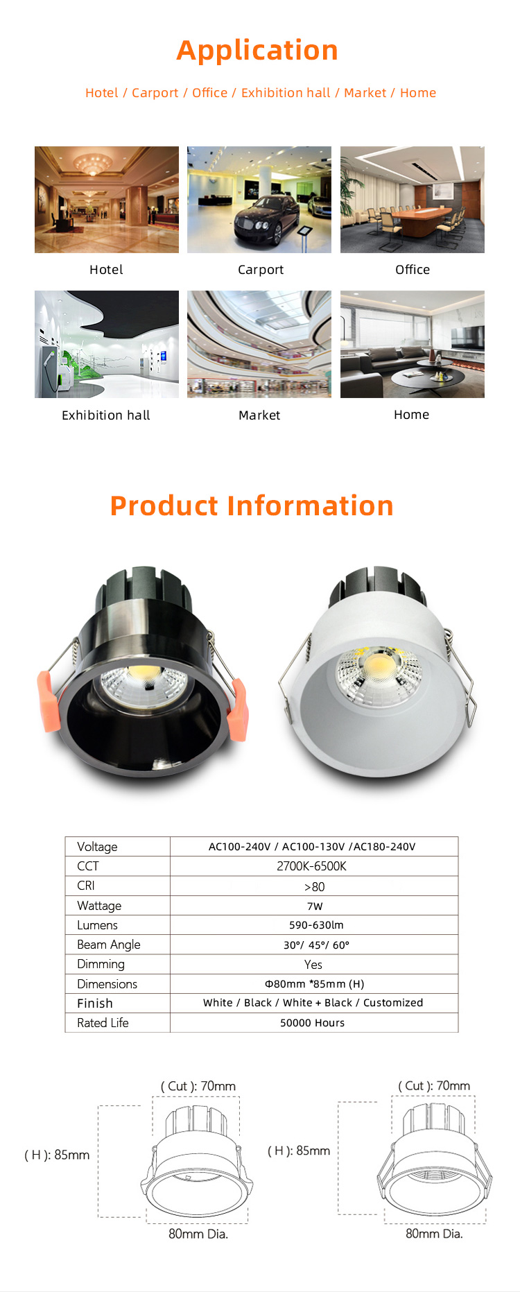 Black White 7w Cob Dimmable Recessed Light Cct Adjustable Round Downlights Mini Led Downlight