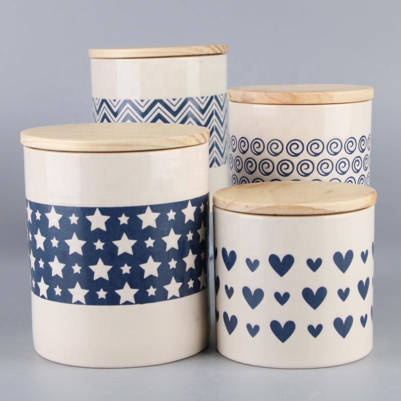 Hot sale cheap custom coffee bean candy sugar container tea canister ceramic food storage jar with wooden carved lid E034
