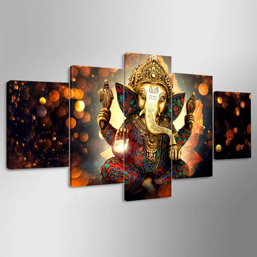 Home Decoration Modular Pictures Hd Prints 5 Pcs India Elephant Ganesh God ganesh canvas paintings