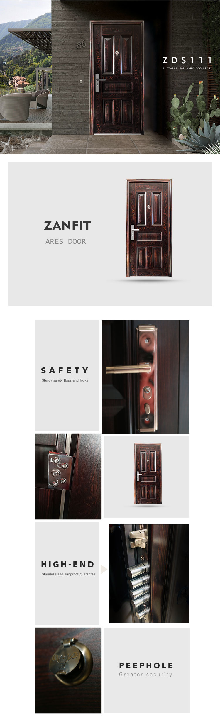 Single latest design nice cheap interior steel security zanfit room doors