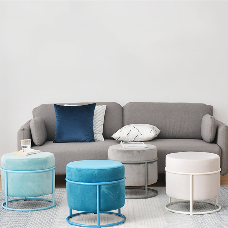 Modern Round Velvet Upholstered Ottoman Stool With Powder Coated Metal Base in Matching Color