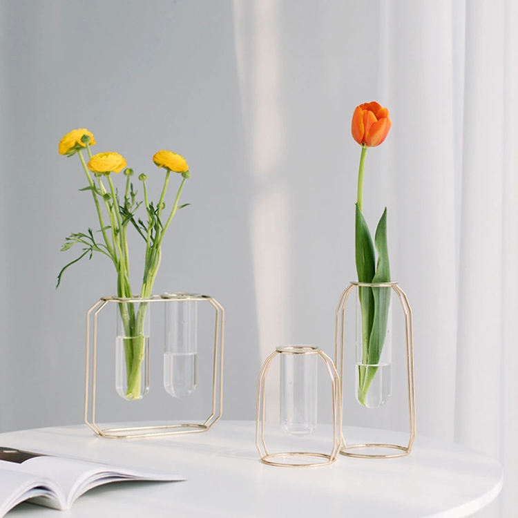 Manufacturer Cheap  Clear Hydroponics Glass Vase Home Wedding Decor with Rose Gold Stand