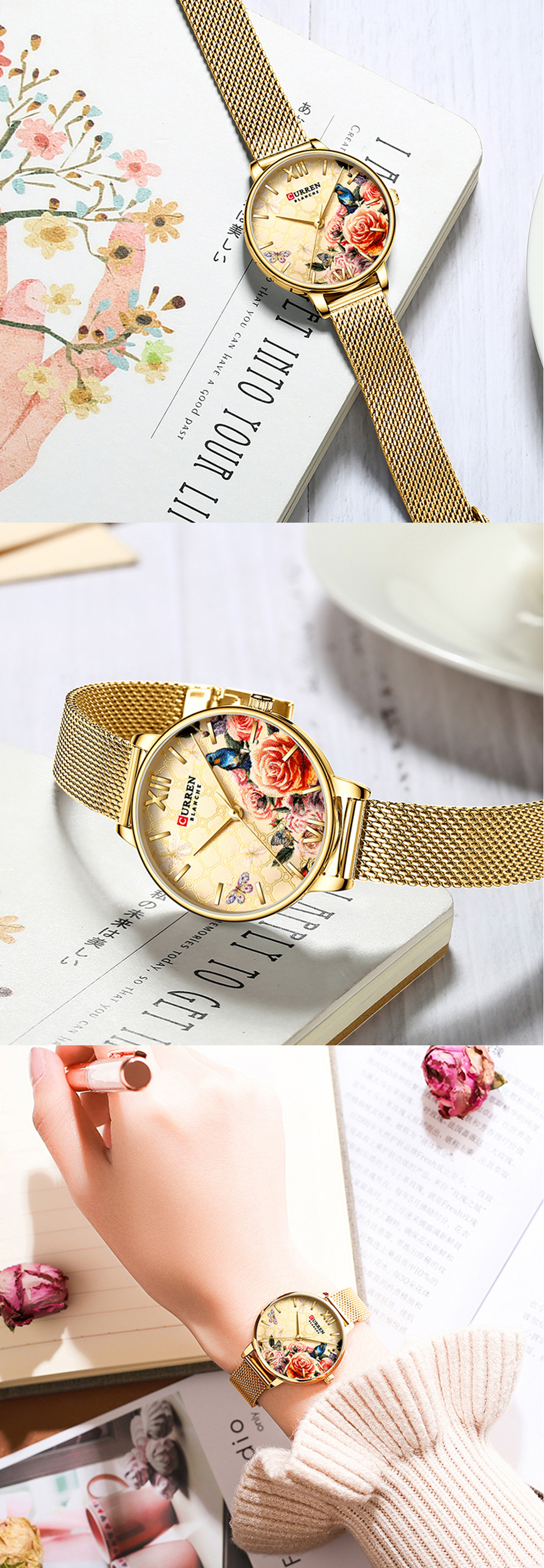 CURREN – montre-Bracelet en acier inoxydable pour femme, fleur, horloge à Quartz, décontracté, nouvelle collection 9060