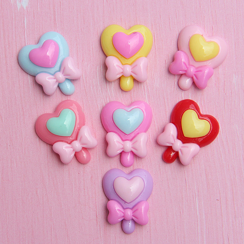 Sweet Heart Bowknot Lollipop Candy Resin Flatback Kawaii Craft Supplies Resin Cabochons Artificial DIY Crafts Making
