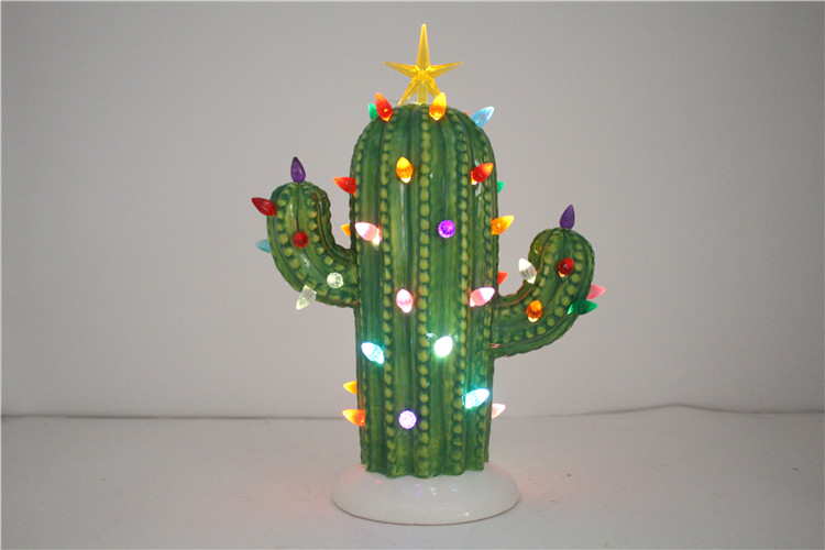 Hot sale LED Christmas decoration statue ceramic cactus ornament handmade mold gifts & crafts for sculptures home decoration