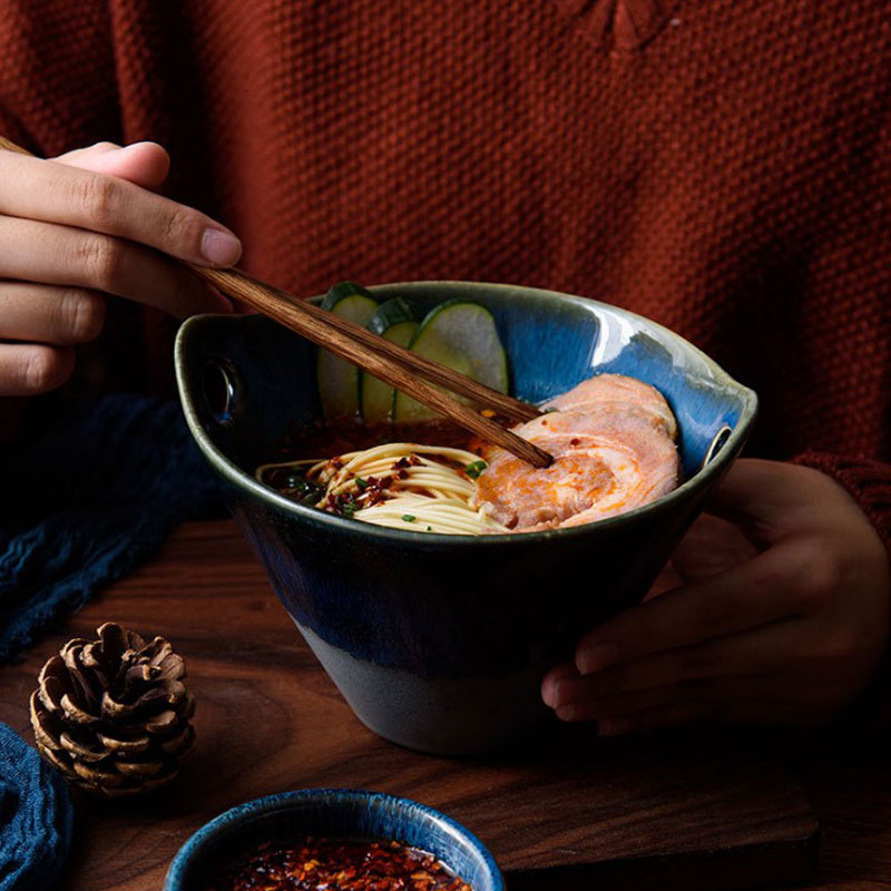 Japanese Blue Ramen Salad Noodles Retro Soup Deep Glazed Ceramic Bowl