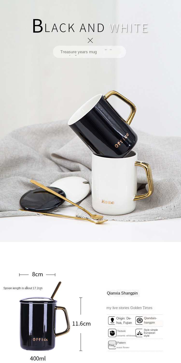 White Black Ceramic Coffee Mug With Golden Handle And Lid 14 oz For Home Office Tea Cup