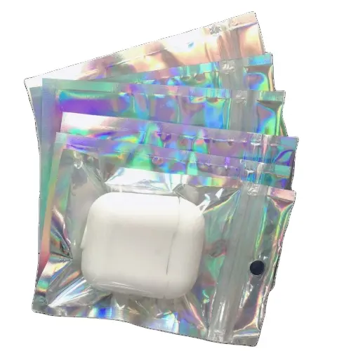 40#44# 8.5*12cm Holographic Bag Laser Transparent Earphone Mobile Phone Accessories Zipper Bag Packing