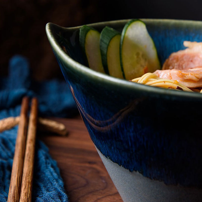 Japanese Blue Ramen Salad Noodles Retro Soup Deep Glazed Ceramic Bowl