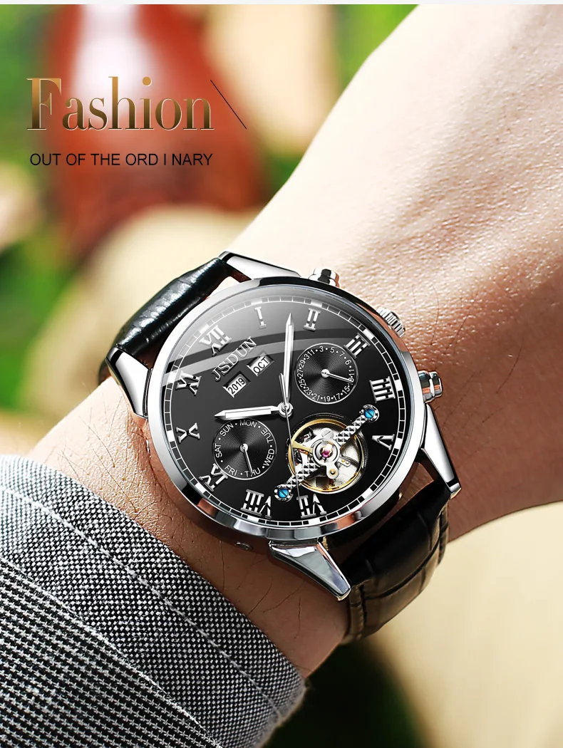 Men Hand Watch Luxury Brand JSDUN Automatic Mechanical Watch Water Resistant Genuine Leather Calendar Relojes Men Clock