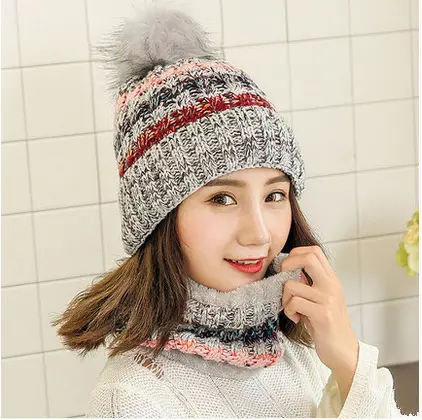 Hot sale new style warm winter girl women pom pom hat and scarf set