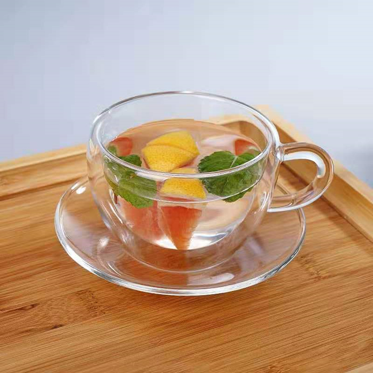 Double Wall Glass Coffee Cup With Dish High Borosilicate  Glass