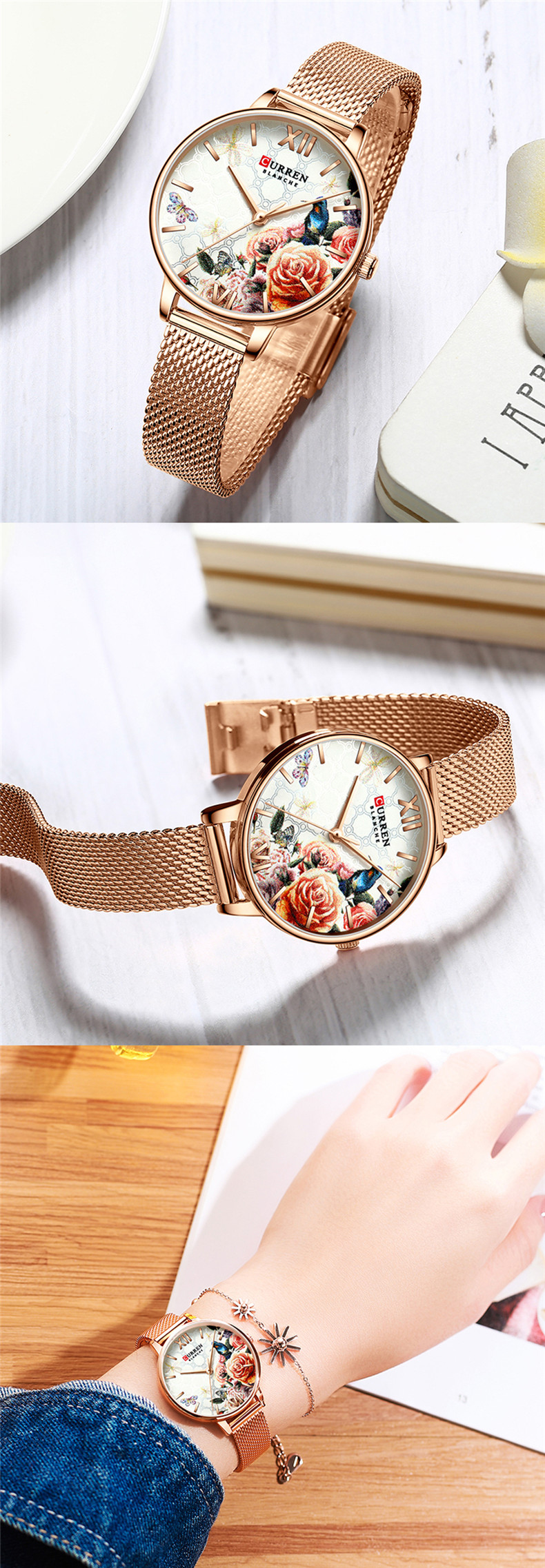 CURREN – montre-Bracelet en acier inoxydable pour femme, fleur, horloge à Quartz, décontracté, nouvelle collection 9060
