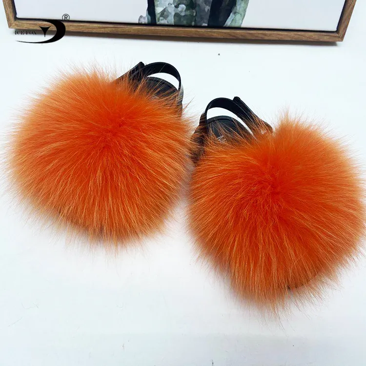 Top grade soft toddler fur slides with strap custom multi colors real fox fur toddler girl fur slides