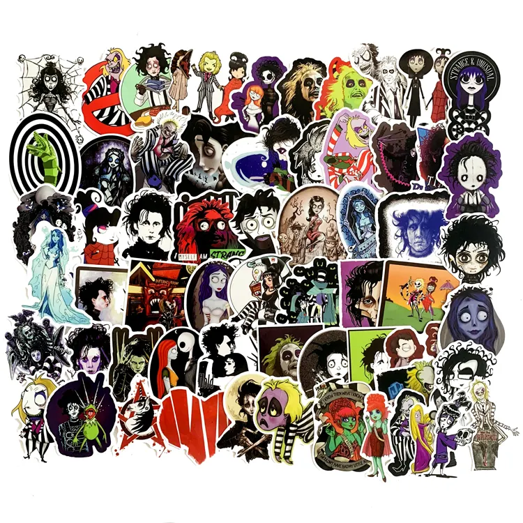 60 PCS Tim Burton Inspired Retro Cult Movie Edward Scissorhands Beetle-juice Vinyl Decal Stickers For Halloween Horror Art Gift