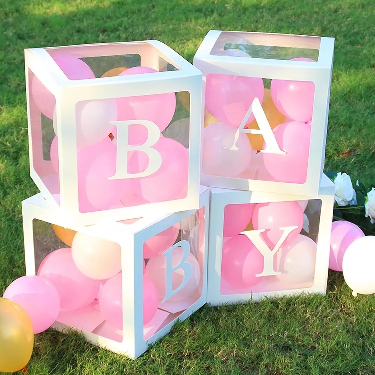 4PCS White Baby Shower Blocks Transparent Box For Girl Baby Shower Box Wedding Party Supplies Birthday Party Decoration