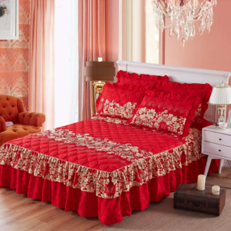 Wholesale comfortable warm cheap festival Chinese new year red color wedding thicken quilted fitted bed skirts for winter