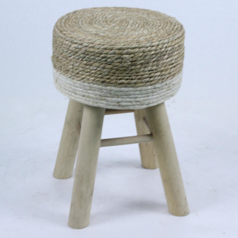 Woven Rug Upholstered Round Seagrass Stool Pine Wood Stool