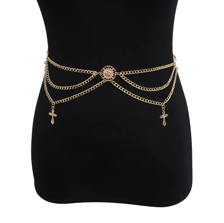 women gold metal chain hip multi strand cross charm fashion belt