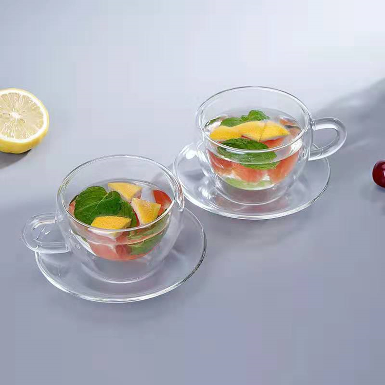 Double Wall Glass Coffee Cup With Dish High Borosilicate  Glass