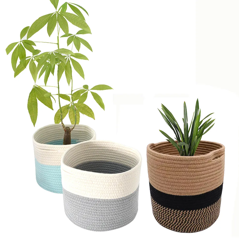 Wholesale Modern Woven Storage Basket Jute Spliced Cotton Rope woven Plant Basket for 10" Floor Indoor Planter flower sundries